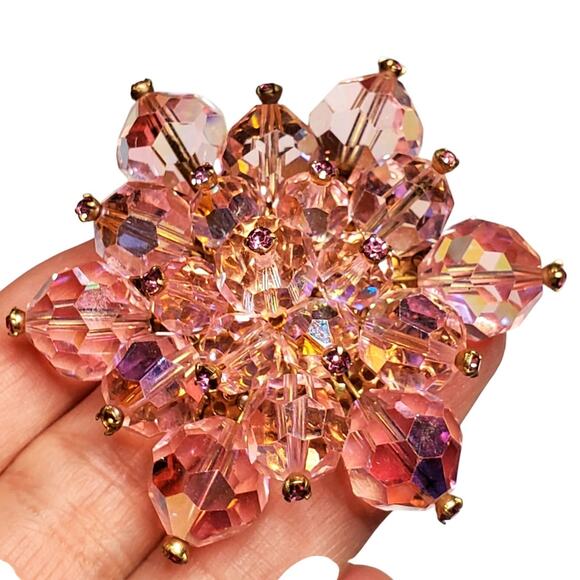 Vtg Austrian Crystal Aurora Borealis Flower Pink Cluster Gold Tone 2" Unsigned - Picture 1 of 8